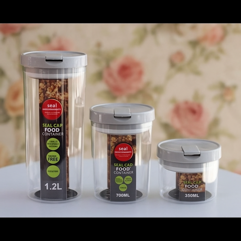 Set 3  borcane recipiente cutii rotunde pt alimente cu capac etans 350 ml, 700, ml  1.2 litri Plastic Transparent