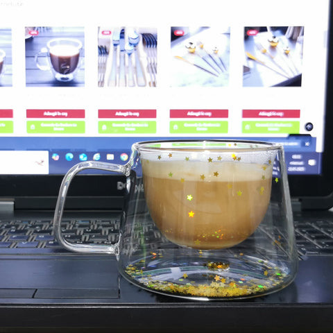 Set 12 Cești Cafea din Sticlă Termorezistentă, Pereți Dubli Model Steluțe Aurii Eleganță și Funcționalitate