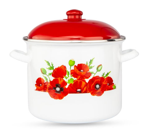 Oală emailată cu capac roșu și model buchet maci, 24 cm 8,2 litri rezistenta și eleganta pentru gătit