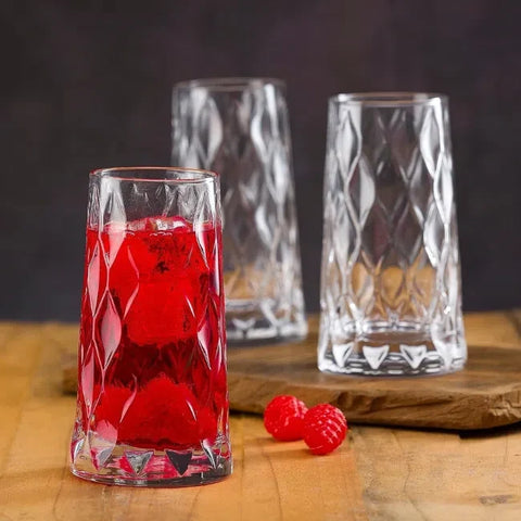 Set 12 pahare înalte Leafy, 345 ml – sticla groasa transparenta design elegant cu model în relief