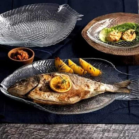 Set 1 platou si 6 farfurii, forma peste, Pasabahce Marine, sticla 97159