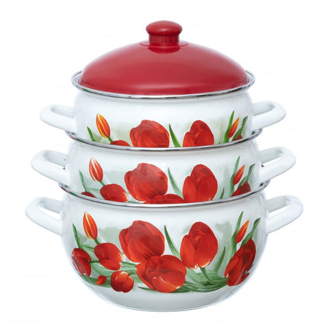 Set 3 Oale Emailate Arian cu Capace – 3.8 litri 4.8 litri 6.2 litri – Model Lalele 517