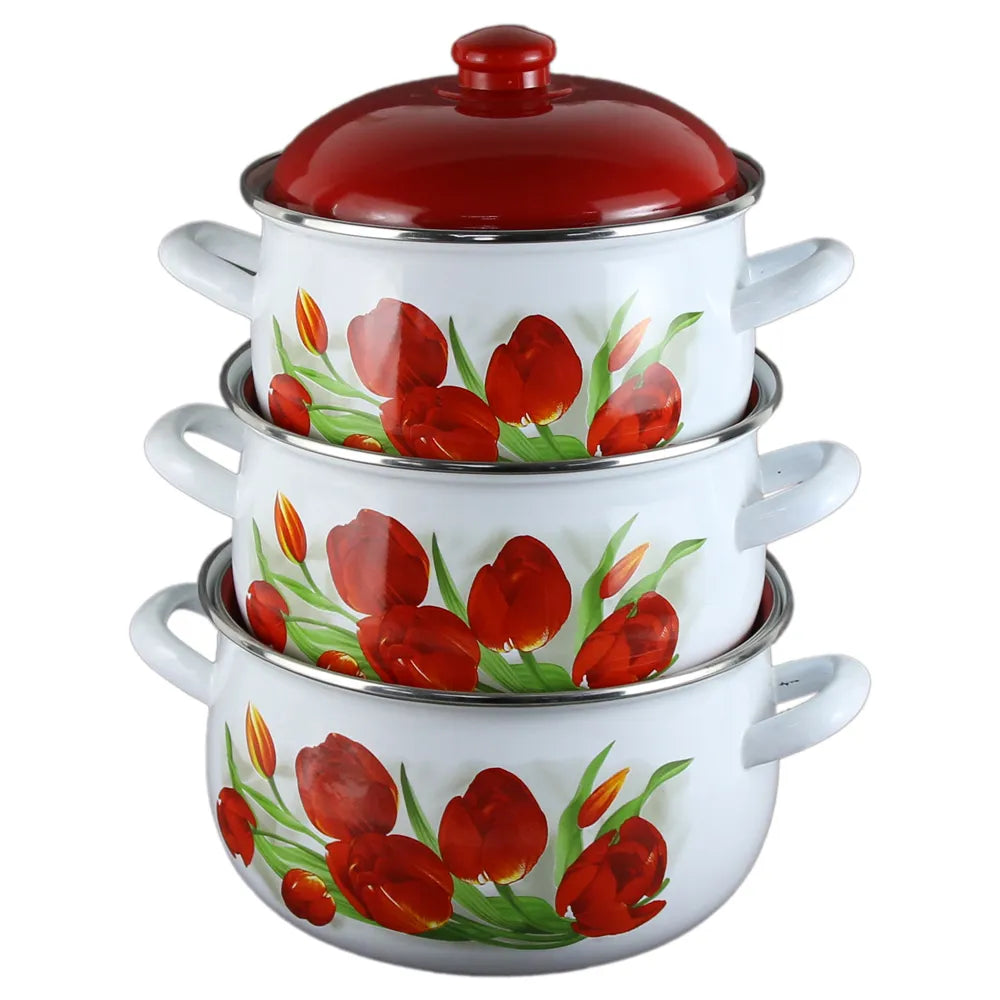 Set 3 Oale Emailate Arian cu Capace – 3.8 litri 4.8 litri 6.2 litri – Model Lalele 517
