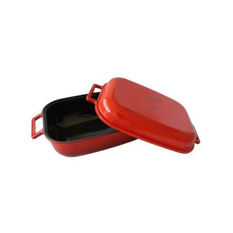 Oala din fonta emailata cu capac dublu Hausberg HB-H758 capacitate 4 litri diametru 25x33 cm adancime 10 cm interior antiaderent Rosu