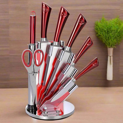 Set cutite cu suport rotativ 8 Piese Royalty Line RL-KSS804 Roșii Precizie si Eleganta in Bucatarie