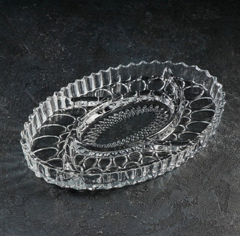 Platou aperitiv & deserturi compartimentat din sticlă rezistentă, oval 30 x 21 cm NOVA – eleganta și organizare la fiecare servire
