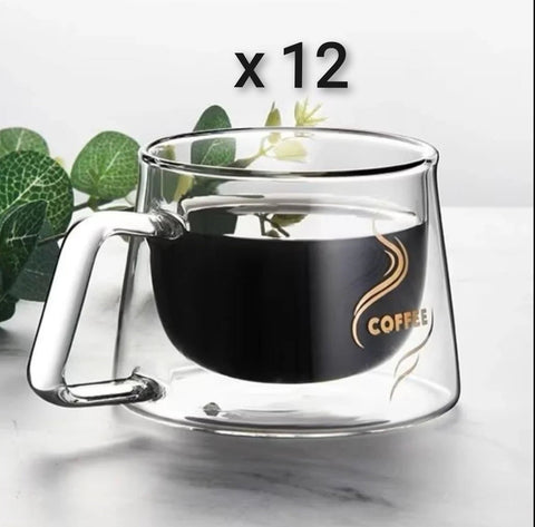 Set 12 cești de cafea cu pereti dubli sticla termorezistenta 200 ml mesaj COFFEE  Eleganta și Funcționalitate pentru Iubitorii de Cafea