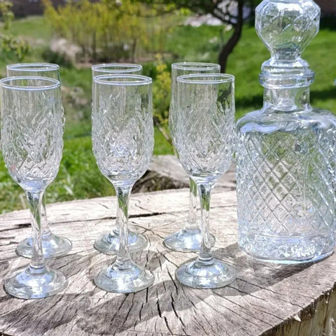 Set 6 pahare sticla 200 ml cu Decantor pentru bauturi 1,2 litri setul de 6 pahare din sticla pentru șampanie vin 200 ml petreceri in curte pe terasa Cadoul perfect