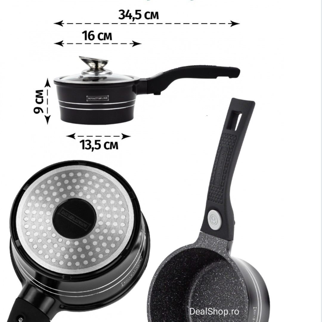 Cratita 1.2 litri ibric sos cu invelis de marmura capac sticla maner detasabil 16×7.8 cm Royalty line Negru