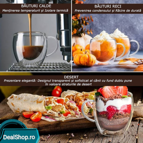 Set 6 cesti cafea cu pereti dubli din sticla termorezistenta 250 ml