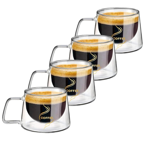 Set 4 cesti cafea 200 ml din sticla termorezistenta cu pereti dubli mesaj COFFEE