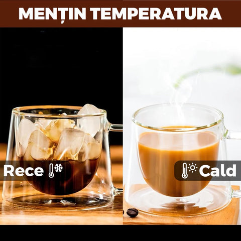Set 4 cesti cafea 200 ml din sticla termorezistenta cu pereti dubli mesaj COFFEE