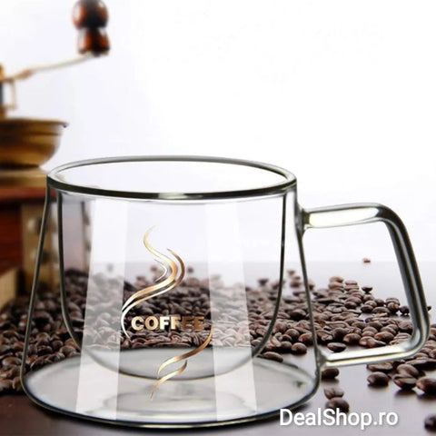 Set 6 cesti cafea cu pereti dubli sticla termorezistenta 200 ml Mesaj COFFEE CADOUL PERFECT terasa