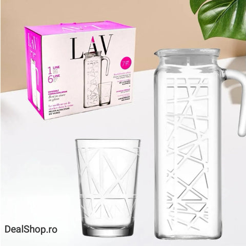 Carafa cu set 6 pahare LAV Mevain  din sticla pentru suc si apa vin pt Terasa Piscina Evenimente de neuitat