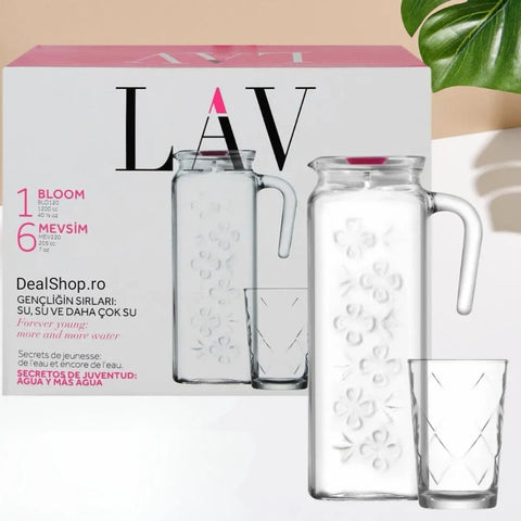 Carafa cu set 6 pahare LAV Mevain  din sticla pentru suc si apa vin pt Terasa Piscina Evenimente de neuitat