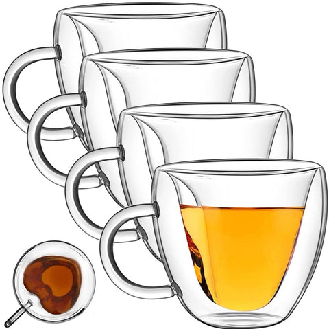 Set 4 cesti cafea Pereti Dubli Sticla Termorezistenta, Model Inima 180 ml coffee capucino latte espresso