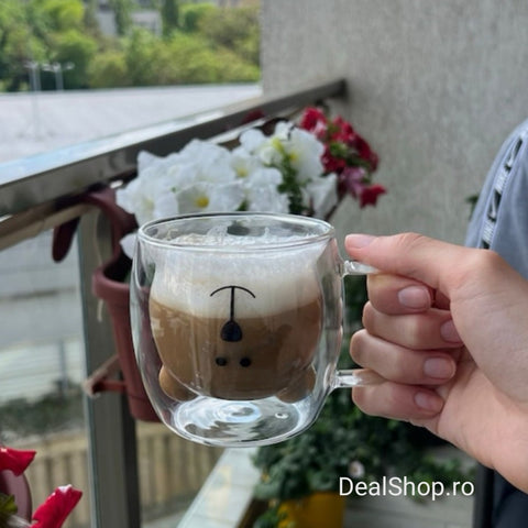 Set 6 cesti cafea pereti dubli sticla termorezistenta Model Ursulet 260 ml coffe