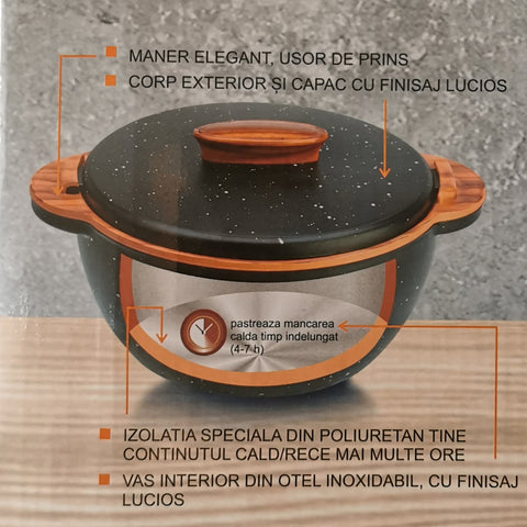 Caserola termoizolantă cu capac 5,1 Litri Negru Caserola Termica Ușor de Transportat Design Elegant