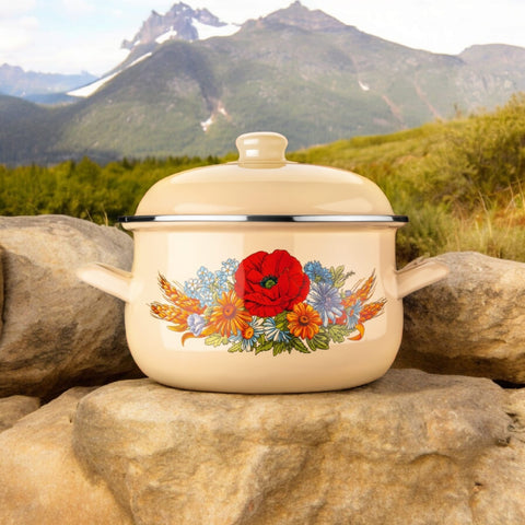Oală emailata 5,7 litri cu capac Brio flori de camp Eleganta si Functionalitate in Bucatarie GATESTE SANATOS