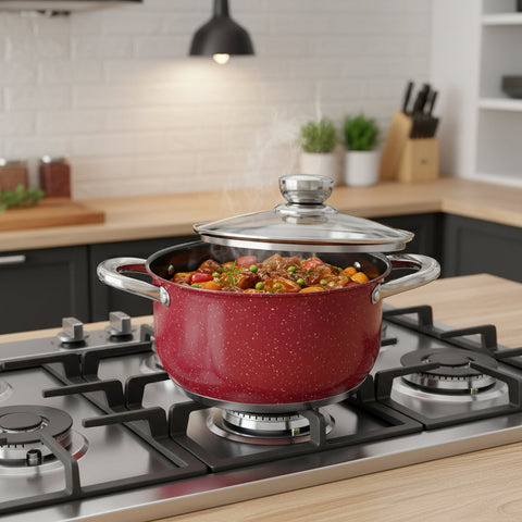 Cratita premium Royalty Line Red 2.9 litri Inox cu fund multistrat și capac din sticla gătit rapid elegant și sănătos
