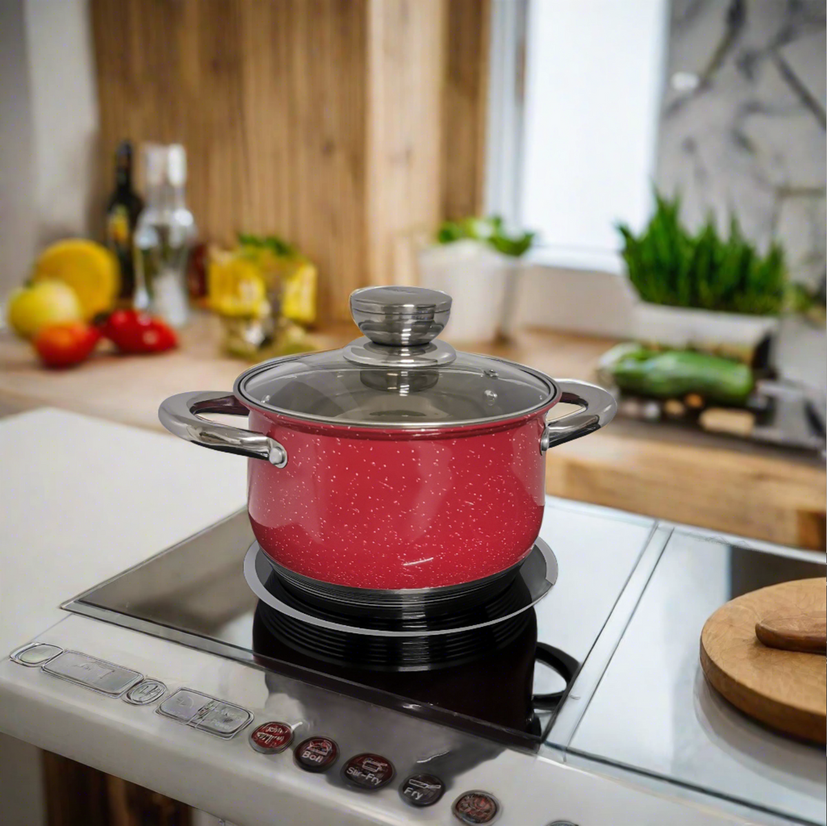 Cratita 3.9 Litri premium Royalty Line Red  Inox cu fund multistrat și capac din sticla gătit rapid și sanatos