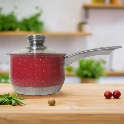 Cratită cu coadă Royalty Line Red 2.1 L – inox cu fund multistrat și capac din sticla gătit rapid și sanatos