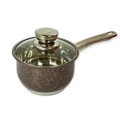 Cratită cu coadă Royalty Line Brown 2.1 litri – inox cu fund multistrat și capac din sticla gătit rapid și elegant