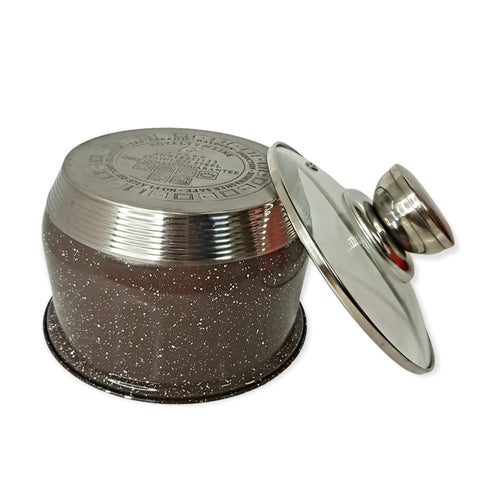 Cratită cu coadă Royalty Line Brown 2.1 litri – inox cu fund multistrat și capac din sticla gătit rapid și elegant