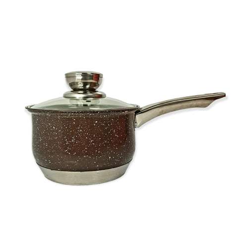 Cratită cu coadă Royalty Line Brown 2.1 litri – inox cu fund multistrat și capac din sticla gătit rapid și elegant