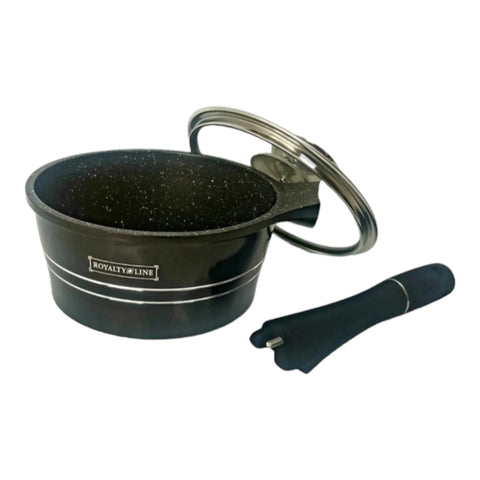 Cratita 1.2 litri ibric sos cu invelis de marmura capac sticla maner detasabil 16×7.8 cm Royalty line Negru