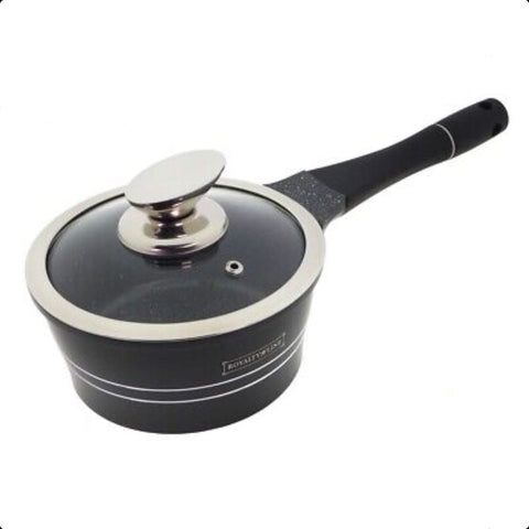 Cratita 1.2 litri ibric sos cu invelis de marmura capac sticla maner detasabil 16×7.8 cm Royalty line Negru