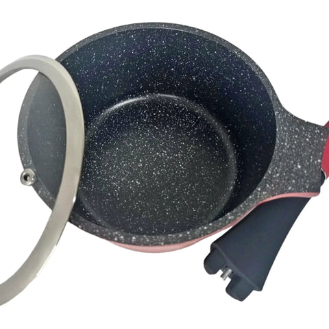 Cratita sos cu invelis de marmura  maner detasabil si capac sticla 16×7.8 cm 1,2 l Royalty line, Rosu