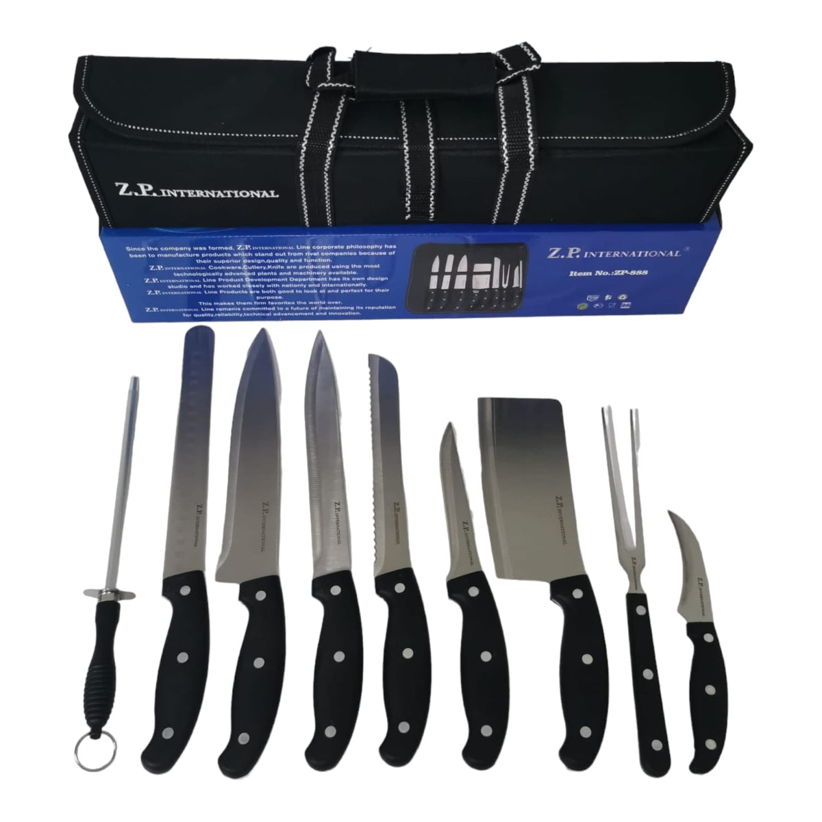 Set Profesional de Cutite si Ustensile cu husa de transportare neagra 10 Piese, ZP-888