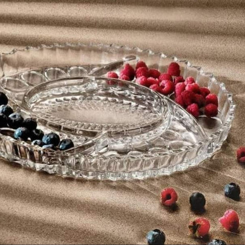 Platou aperitiv & deserturi compartimentat din sticlă rezistentă, oval 30 x 21 cm NOVA – eleganta și organizare la fiecare servire