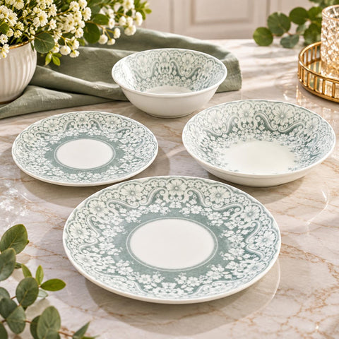 Serviciu de masa 6 persoane 24 piese porțelan „Verde Vintage”  set farfurii și boluri Design Floral Elegant 63