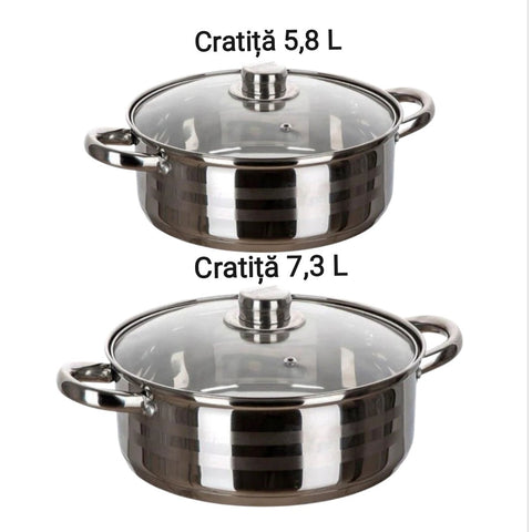Set 2 Cratite inox Joase cu Capac 5,8 si 7,3 Litri Fund Multistrat Royalty Line Premium Gateste sanatos Cadoul perfect