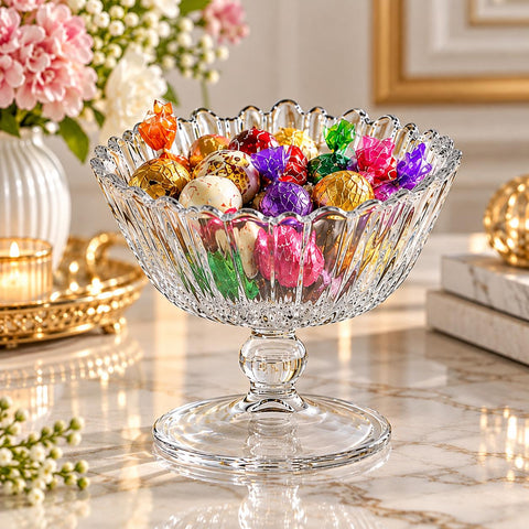 Bombonieră cu picior Pasabahce Aurora 14 cm din sticlă, bol pentru dulciuri, fructe și desert design elegant striat
