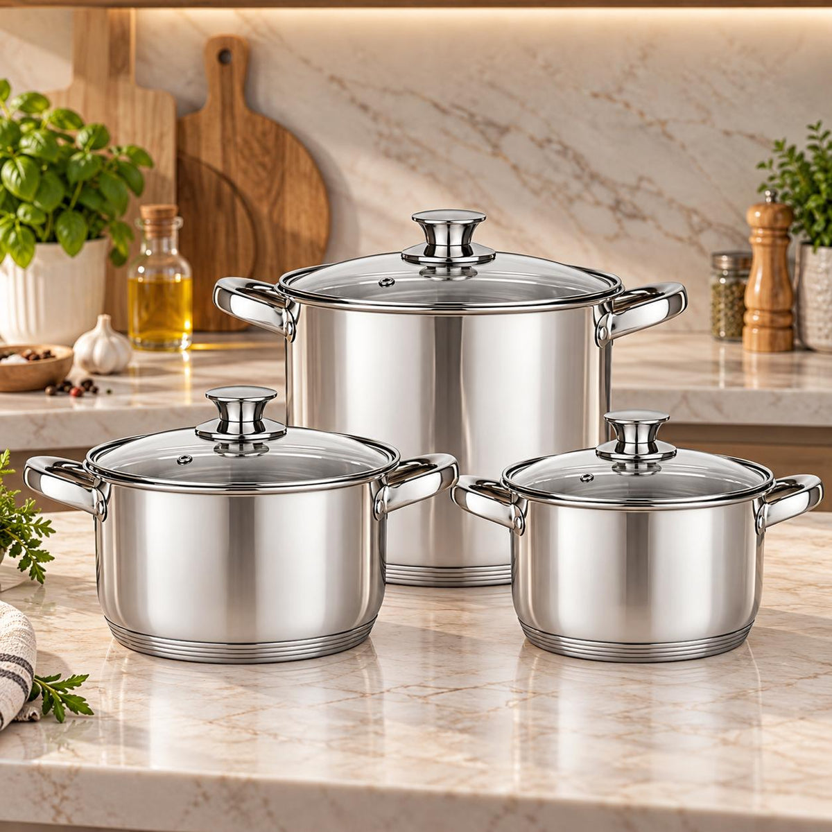 Set Oale Inox 6 Piese cu Capace – 2.8L, 3.8L, 6.5L  Fund Multistrat Capsule 3 Straturi SW05A