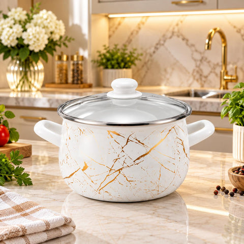 Set 5 oale emailate Ivory cu capace din sticla 10 piese, compatibil inducție, 2.1 L, 2.8 L, 3.8 L, 4.8 L și 6.2 L