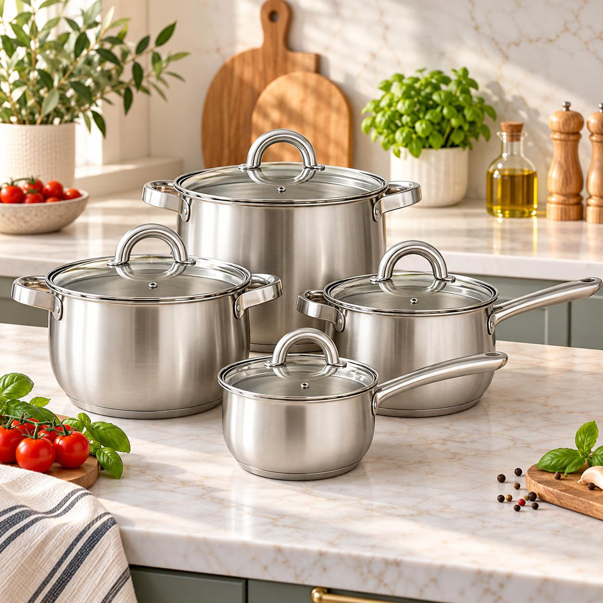 Set Oale Inox 16-18-20-24 cm cu Capace Fund Capsulat Compatibile cu Toate Plitele SW06B