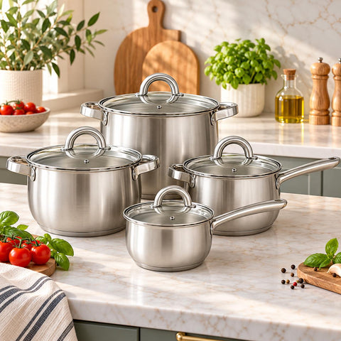 Set Oale Inox 16-18-20-24 cm cu Capace Fund Capsulat Compatibile cu Toate Plitele SW06B