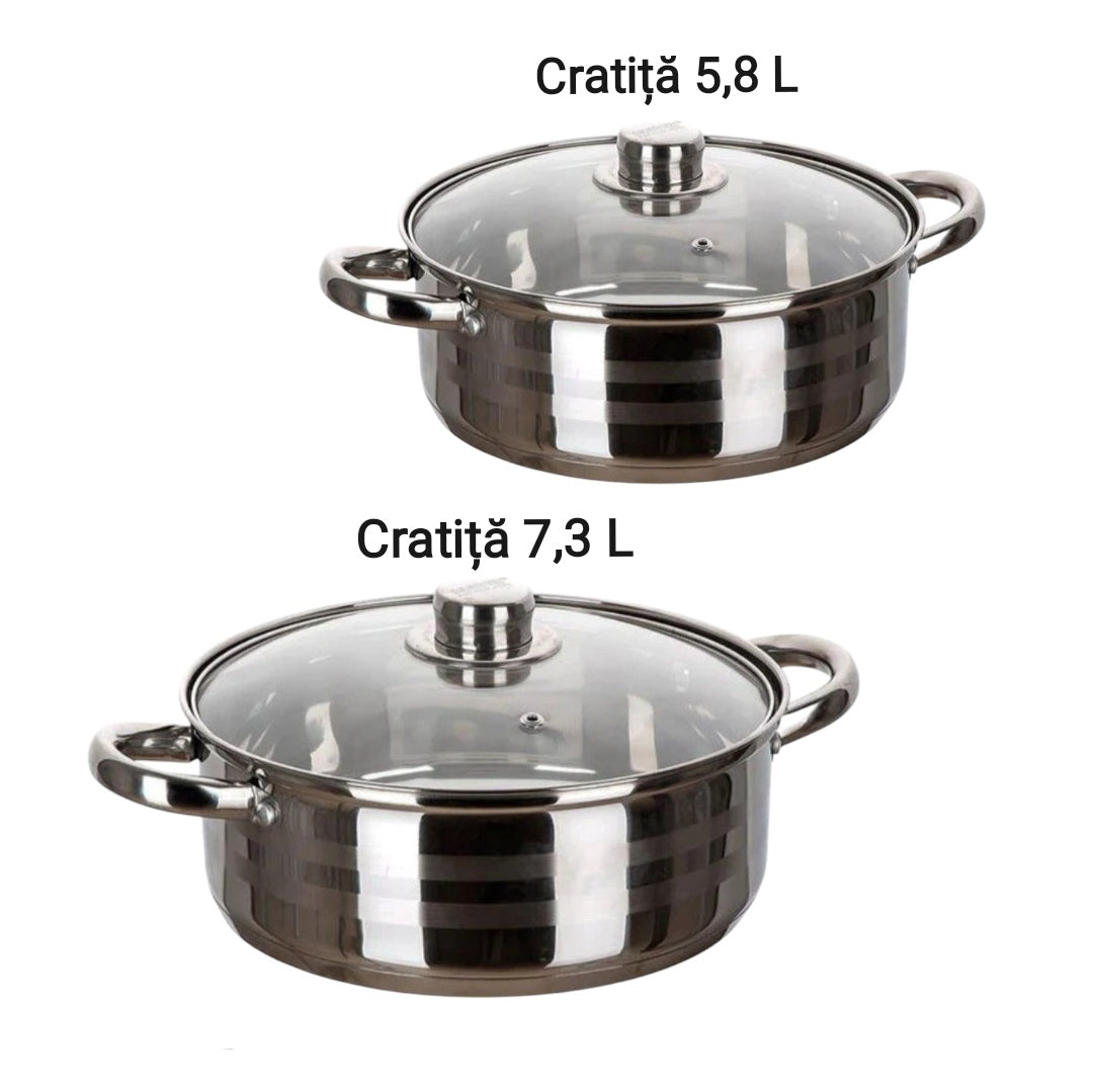 Set 2 Cratite inox Joase cu Capac 5,8 si 7,3 Litri Fund Multistrat Royalty Line Premium Gateste sanatos Cadoul perfect