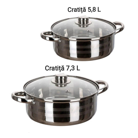 Set 2 Cratite inox Joase cu Capac 5,8 si 7,3 Litri Fund Multistrat Royalty Line Premium Gateste sanatos Cadoul perfect