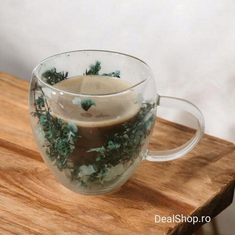 Set 4 Cesti Cafea din Sticla Termorezistenta cu Pereti Dubli si Model Flori Uscate Verde 250 ml