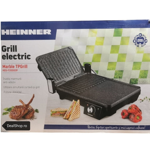 Gratar/grill electric cu 2 placi,Heinner HEG-F20002P, 2000 W deschidere 105° si 180°, invelis marmura anti-adeziv Grill electric Negru