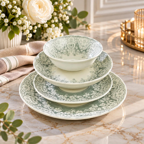 Serviciu de masa 6 persoane 24 piese porțelan „Verde Vintage”  set farfurii și boluri Design Floral Elegant 63