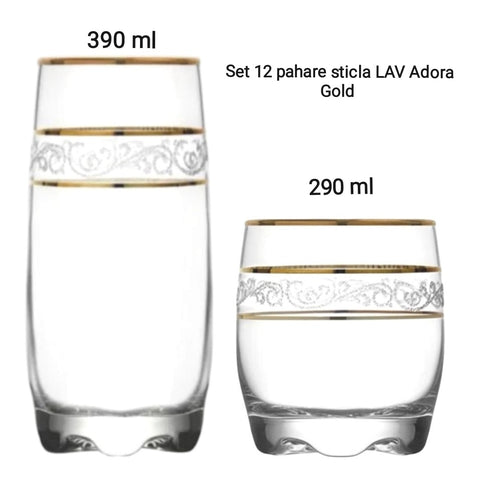 Set 12 pahare din sticla LAV Adora Gold Eleganta cu detalii aurii 6x390 ml + 6x290 ml perfect pentru evenimente terasa