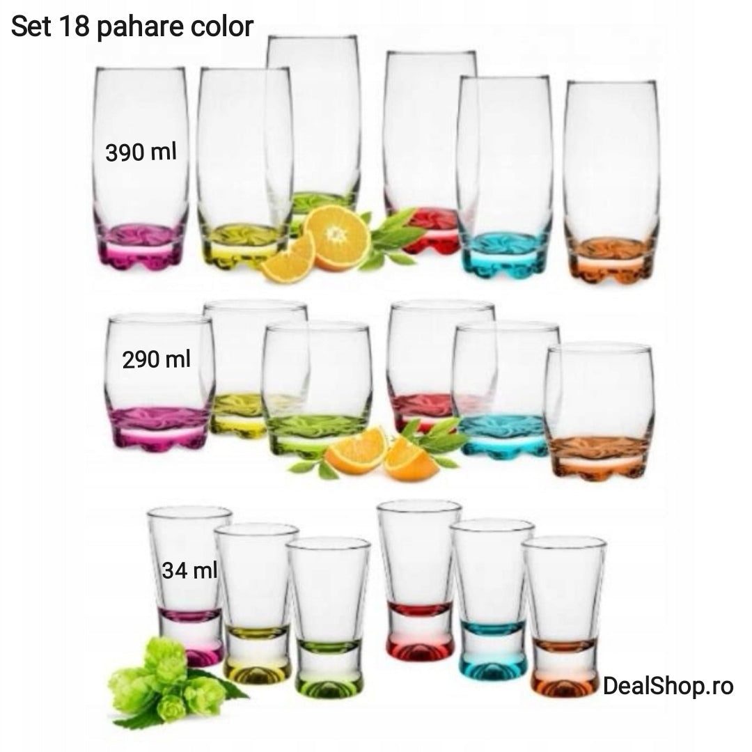 Set 18 pahare sticla color, 390 ml, 290 ml și 34 ml ideale pentru evenimente cadoul perfect