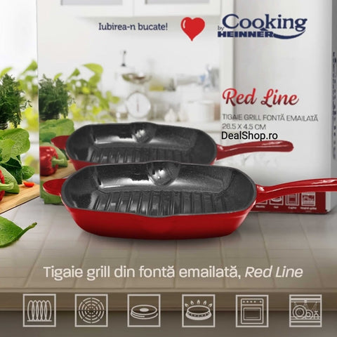 Tigaie grill fonta emailata  Red Line Cooking by Heinner 26.5x4.5 cm tigaie gratar Gateste sanatos