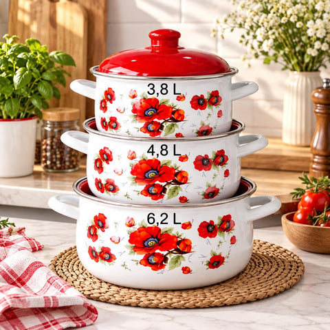 Set 3 Oale Emailate Bucatărie cu Capac – 3,8L, 4,8L, 6,2L – Model Maci Roșii 591